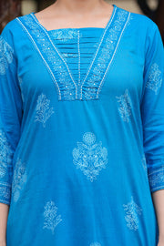 Blue Cotton Straight Kurta Set with Designer Yoke and Adda Work