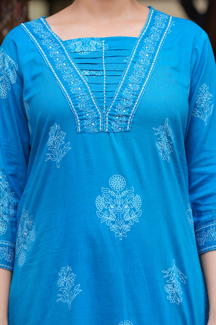 Blue Cotton Straight Kurta Set with Designer Yoke and Adda Work