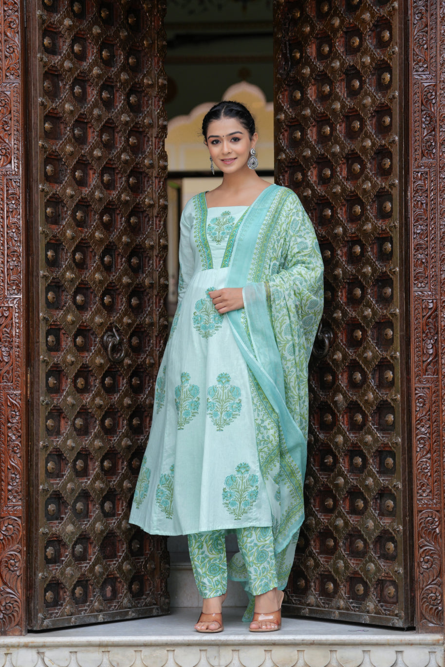 Block Printed Green Cotton Straight Suit with Embroidered Neck Detailing