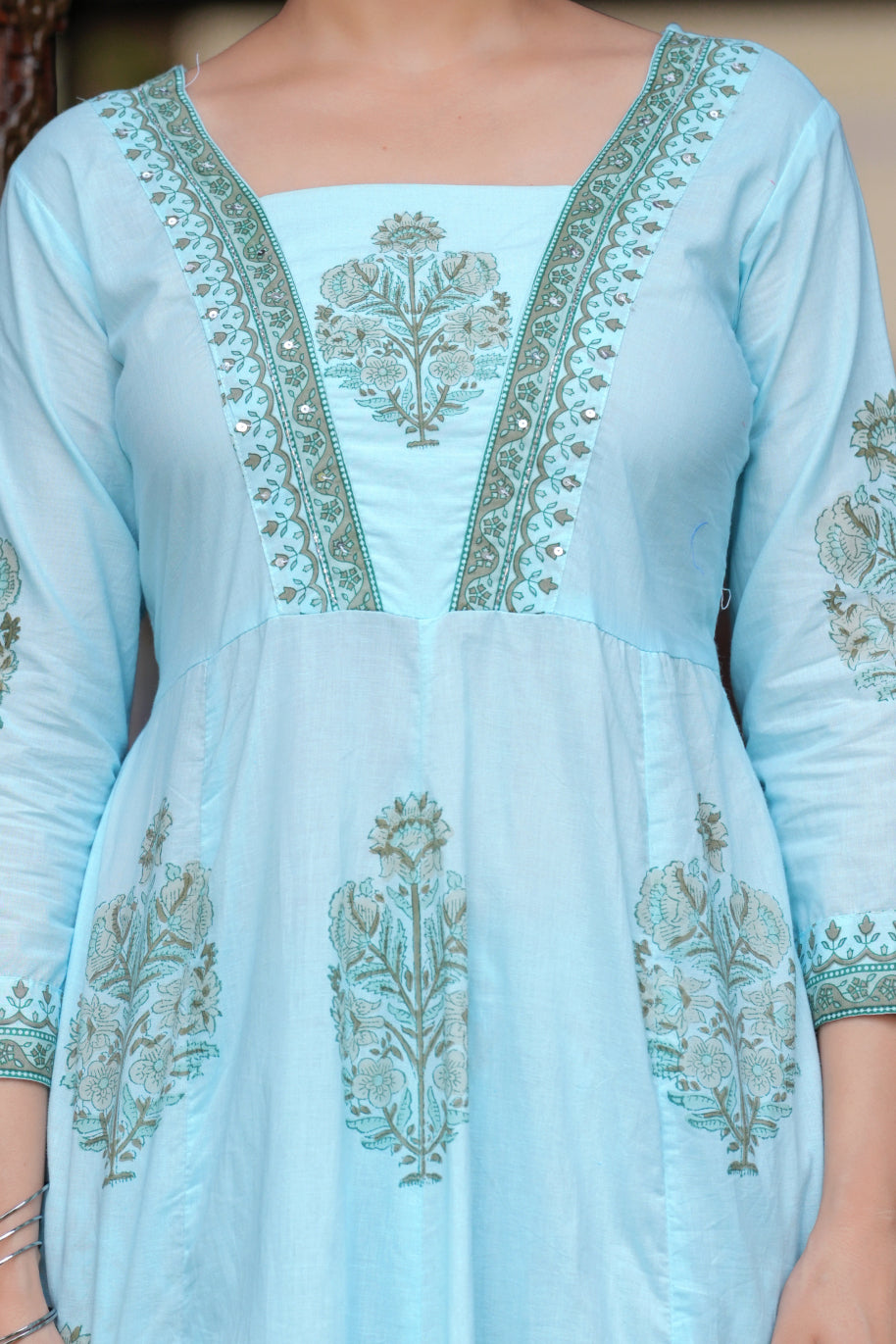 Block Printed Blue Cotton Straight Suit with Embroidered Neck Detailing