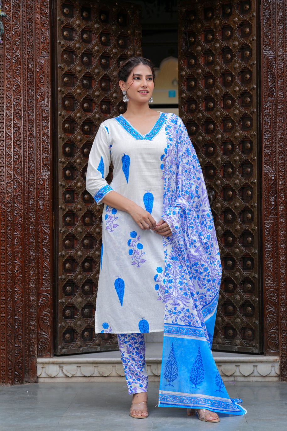 Blue Cotton Floral Boota Printed Kurta Set with Mulmul Dupatta