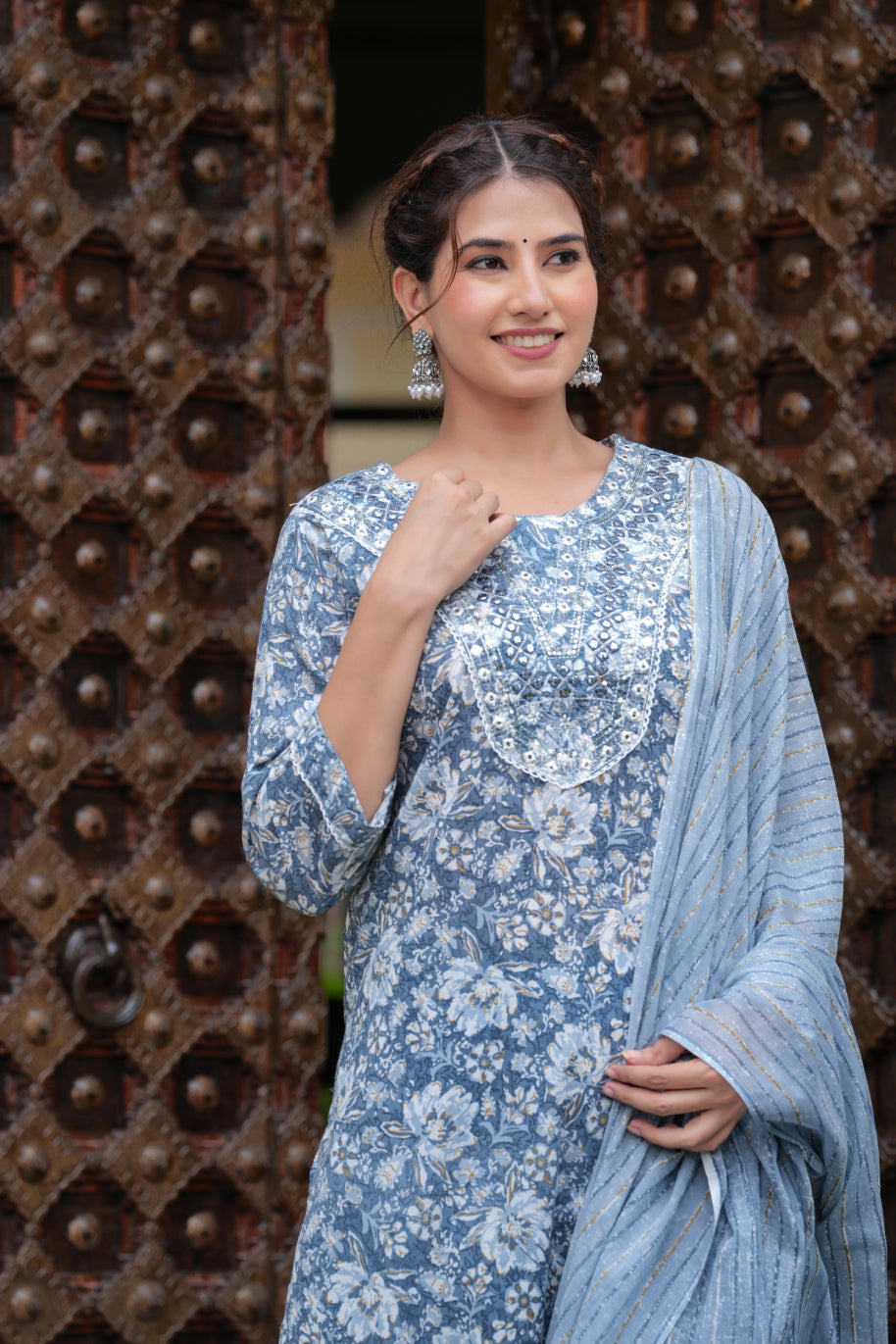 Grey Cotton Floral Print Kurti Pant Set with Embroidered Yoke