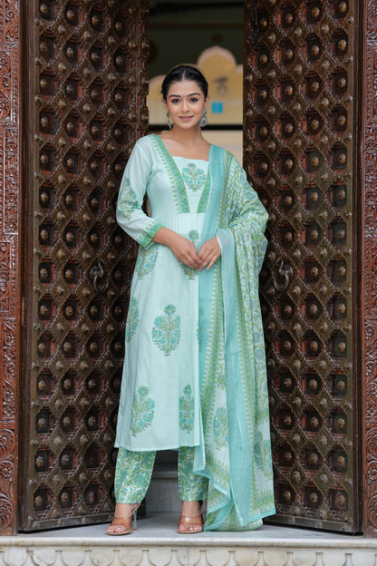 Block Printed Green Cotton Straight Suit with Embroidered Neck Detailing