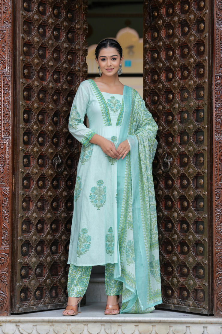 Block Printed Green Cotton Straight Suit with Embroidered Neck Detailing