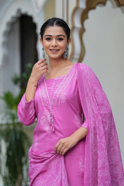 Pink Cotton Straight Kurta Set with Designer Yoke and Adda Work