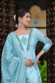 Block Printed Blue Cotton Straight Suit with Embroidered Neck Detailing