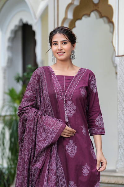 Maroon Cotton Straight Kurta Set with Designer Yoke and Adda Work