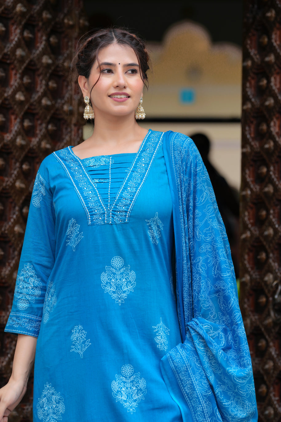 Blue Cotton Straight Kurta Set with Designer Yoke and Adda Work