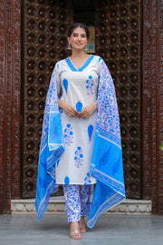 Blue Cotton Floral Boota Printed Kurta Set with Mulmul Dupatta