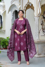 Maroon Cotton Straight Kurta Set with Designer Yoke and Adda Work