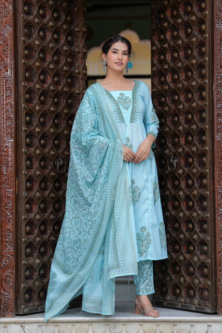 Block Printed Blue Cotton Straight Suit with Embroidered Neck Detailing