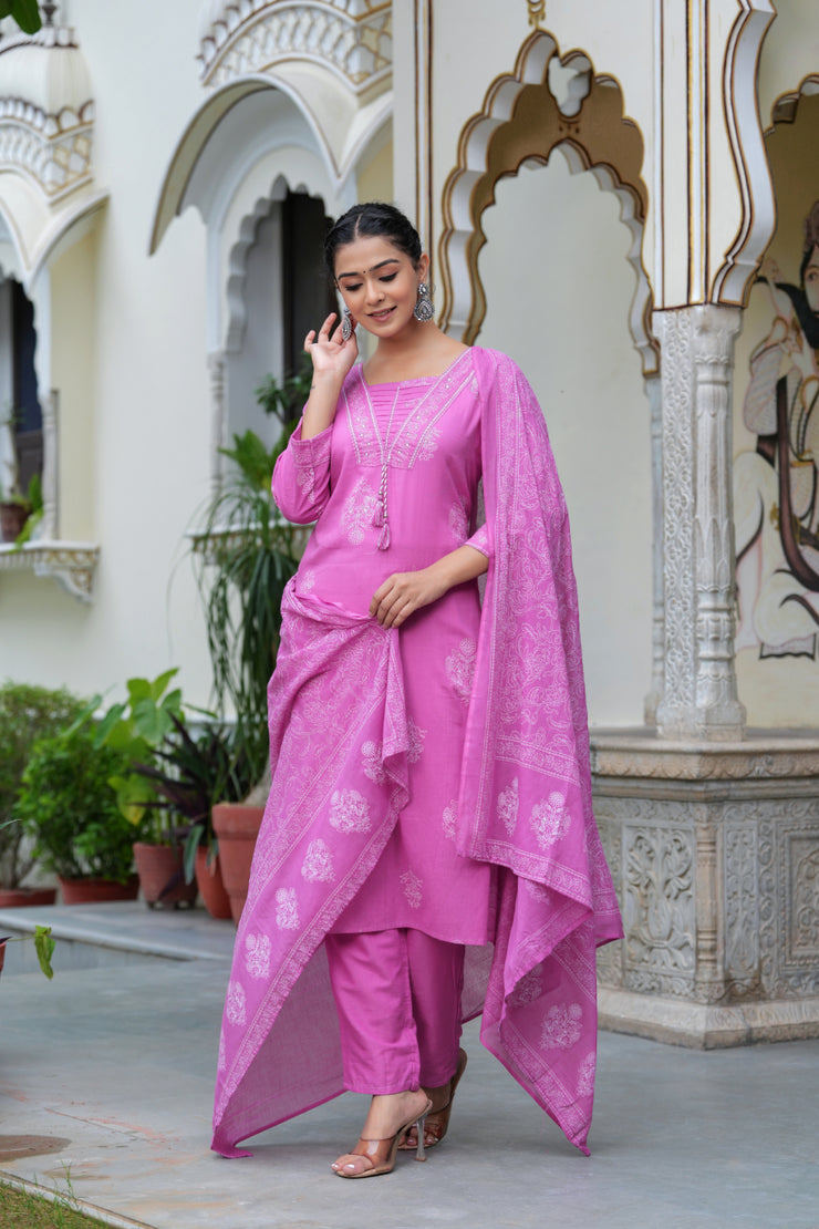 Pink Cotton Straight Kurta Set with Designer Yoke and Adda Work