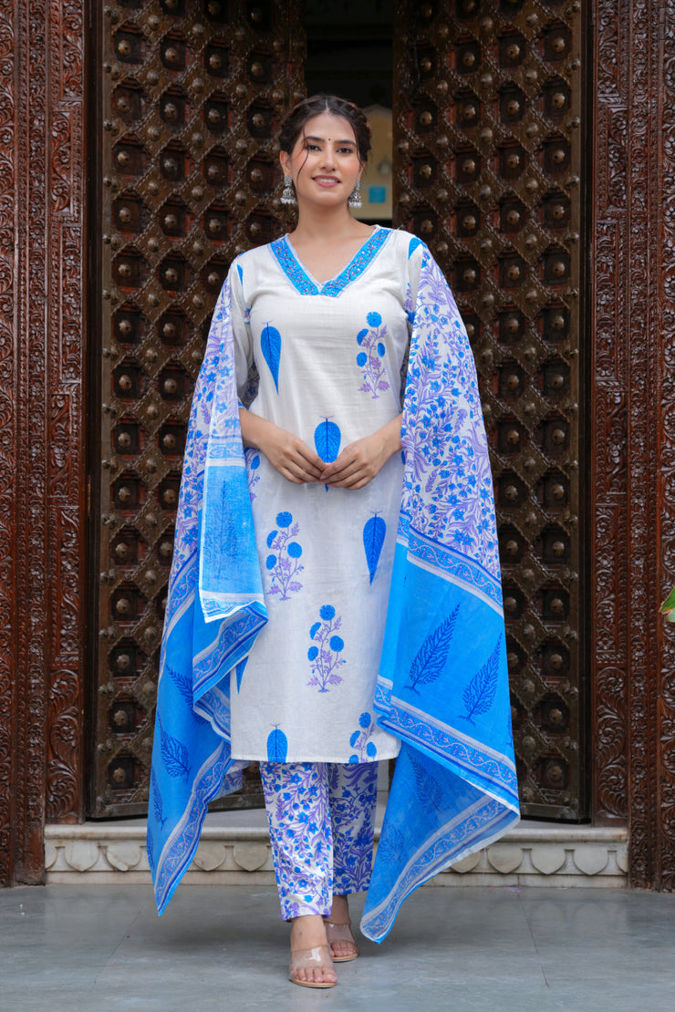 Blue Cotton Floral Boota Printed Kurta Set with Mulmul Dupatta