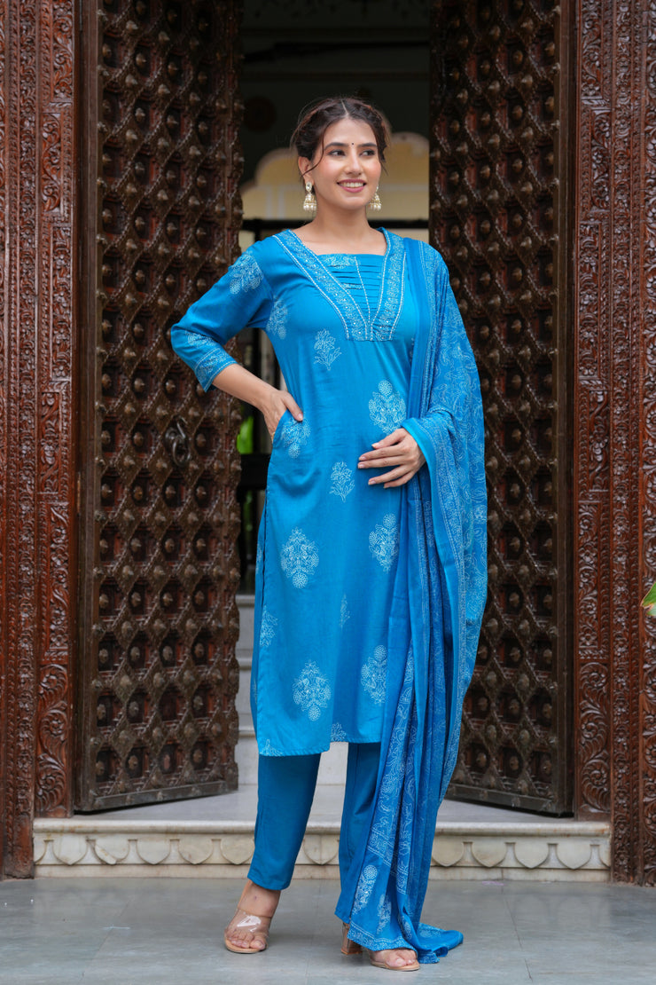 Blue Cotton Straight Kurta Set with Designer Yoke and Adda Work