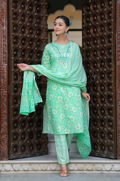 Green Cotton Floral Print Kurti Pant Set with Embroidered Yoke