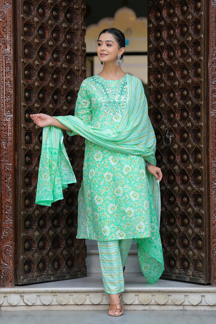 Green Cotton Floral Print Kurti Pant Set with Embroidered Yoke