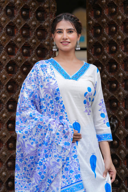 Blue Cotton Floral Boota Printed Kurta Set with Mulmul Dupatta