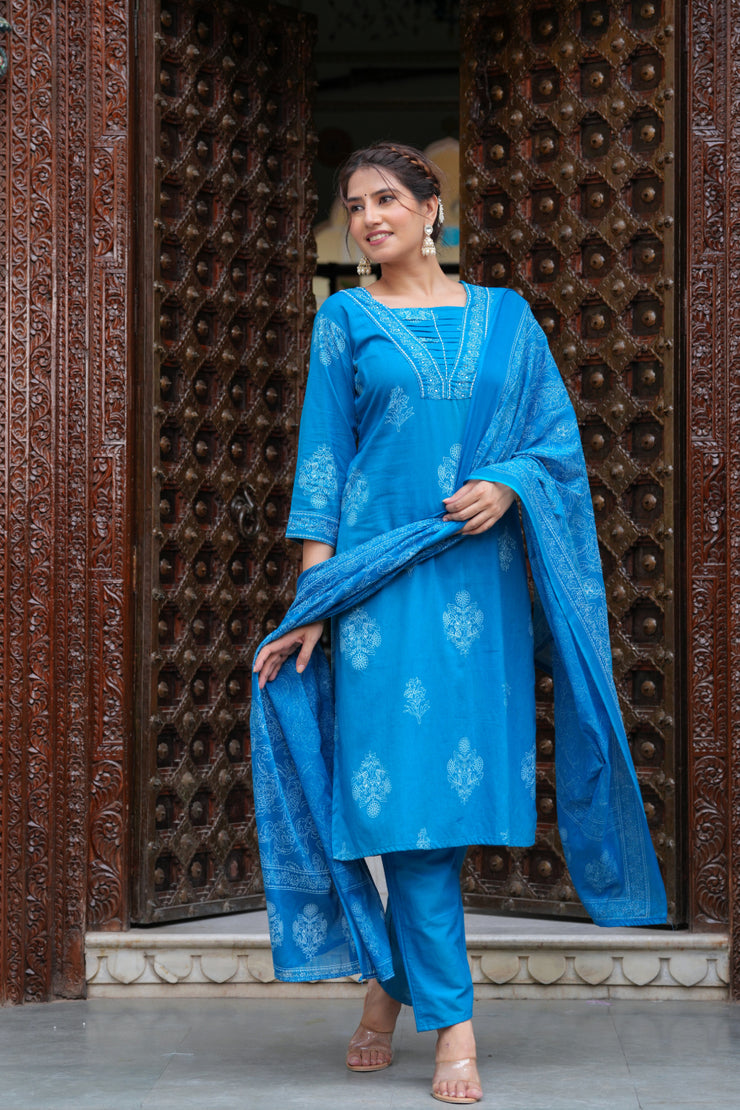 Blue Cotton Straight Kurta Set with Designer Yoke and Adda Work