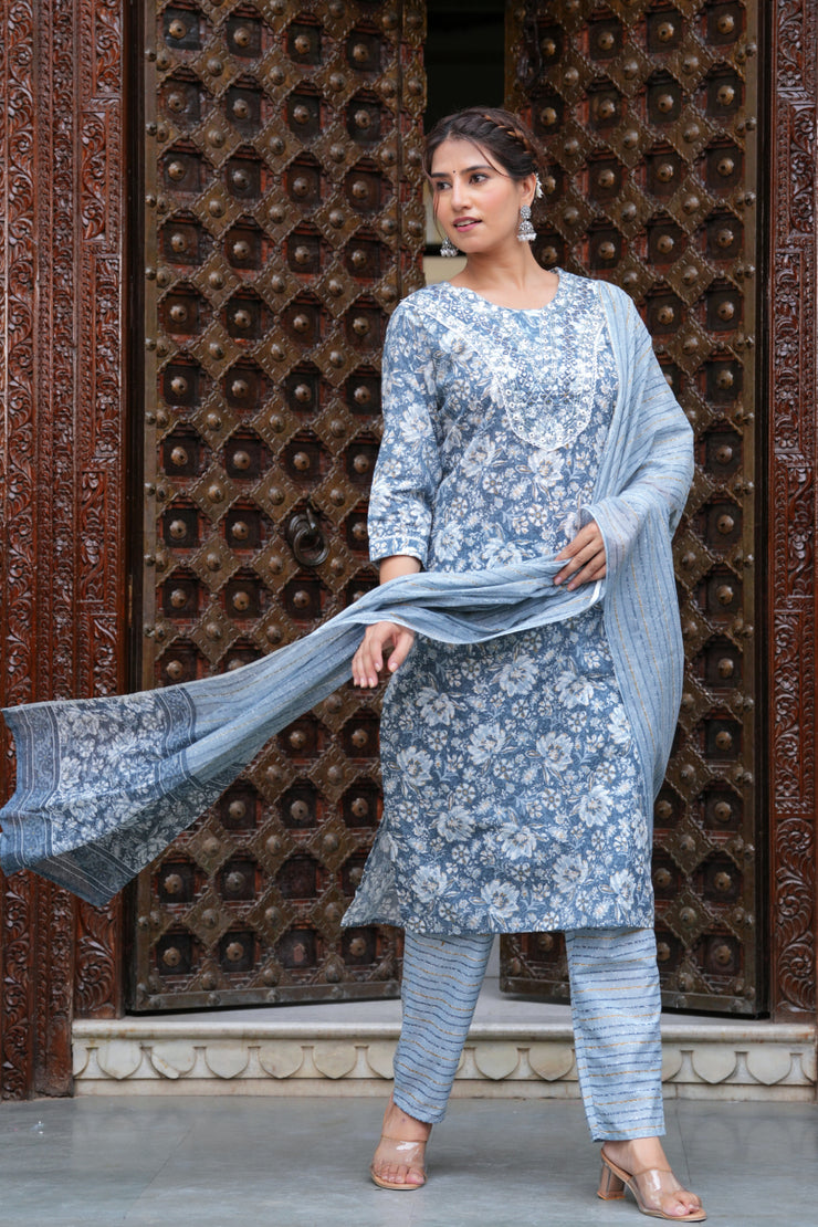 Grey Cotton Floral Print Kurti Pant Set with Embroidered Yoke