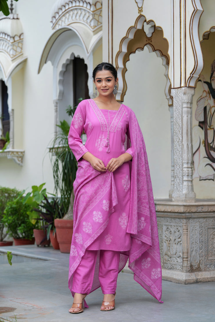 Pink Cotton Straight Kurta Set with Designer Yoke and Adda Work