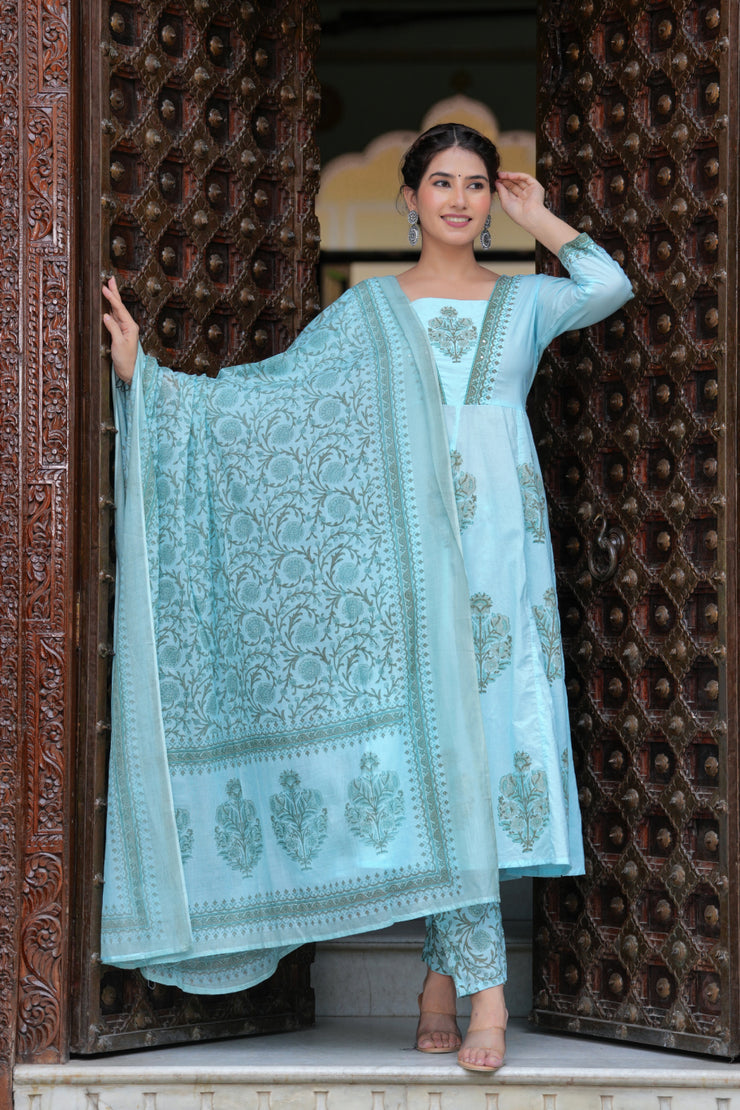 Block Printed Blue Cotton Straight Suit with Embroidered Neck Detailing