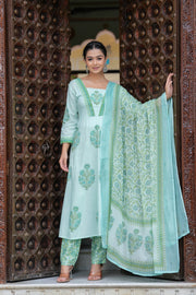 Block Printed Green Cotton Straight Suit with Embroidered Neck Detailing