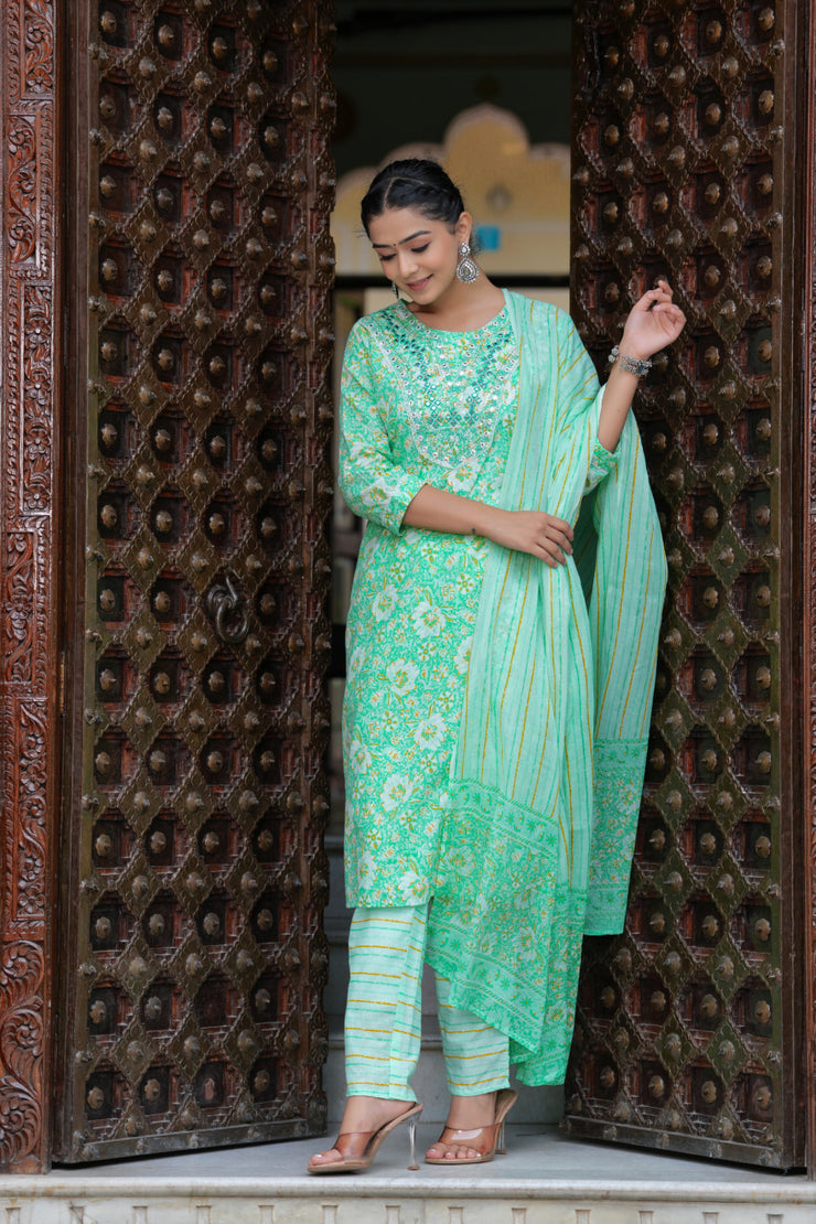 Green Cotton Floral Print Kurti Pant Set with Embroidered Yoke