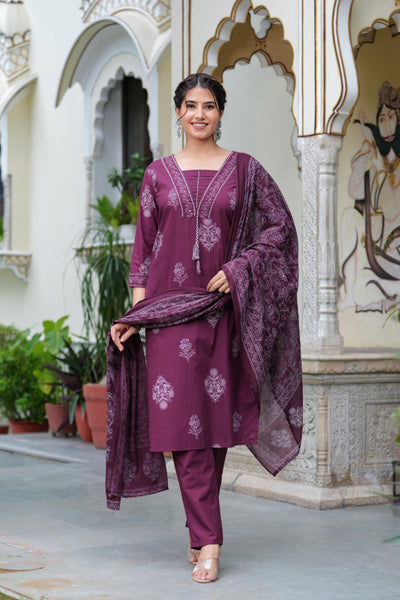 Maroon Cotton Straight Kurta Set with Designer Yoke and Adda Work