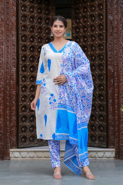 Blue Cotton Floral Boota Printed Kurta Set with Mulmul Dupatta