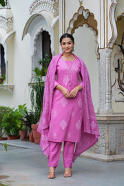 Pink Cotton Straight Kurta Set with Designer Yoke and Adda Work