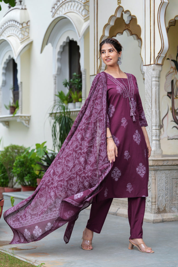 Maroon Cotton Straight Kurta Set with Designer Yoke and Adda Work