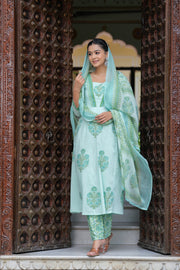 Block Printed Green Cotton Straight Suit with Embroidered Neck Detailing