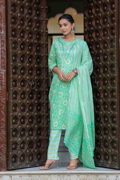 Green Cotton Floral Print Kurti Pant Set with Embroidered Yoke