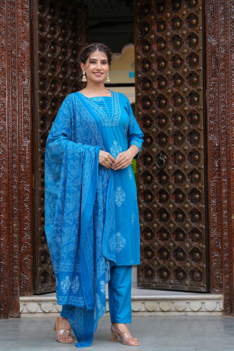 Blue Cotton Straight Kurta Set with Designer Yoke and Adda Work