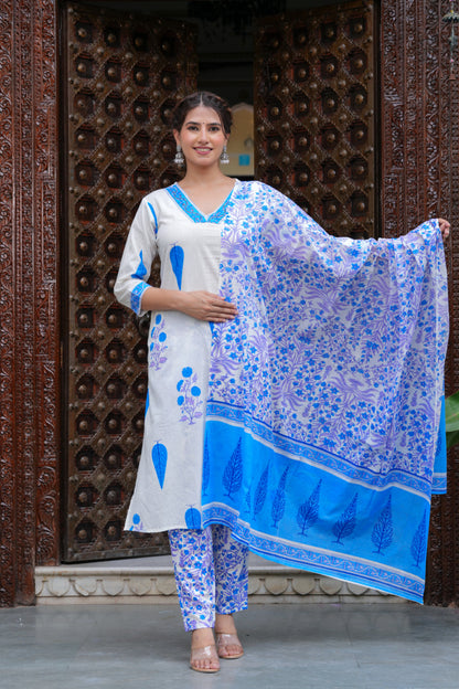 Blue Cotton Floral Boota Printed Kurta Set with Mulmul Dupatta