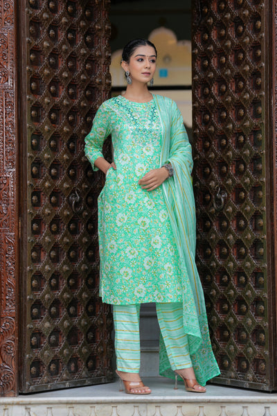 Green Cotton Floral Print Kurti Pant Set with Embroidered Yoke