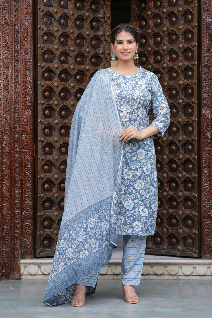 Grey Cotton Floral Print Kurti Pant Set with Embroidered Yoke