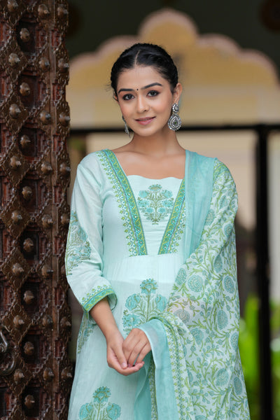 Block Printed Green Cotton Straight Suit with Embroidered Neck Detailing