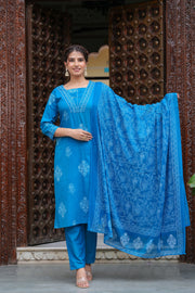 Blue Cotton Straight Kurta Set with Designer Yoke and Adda Work