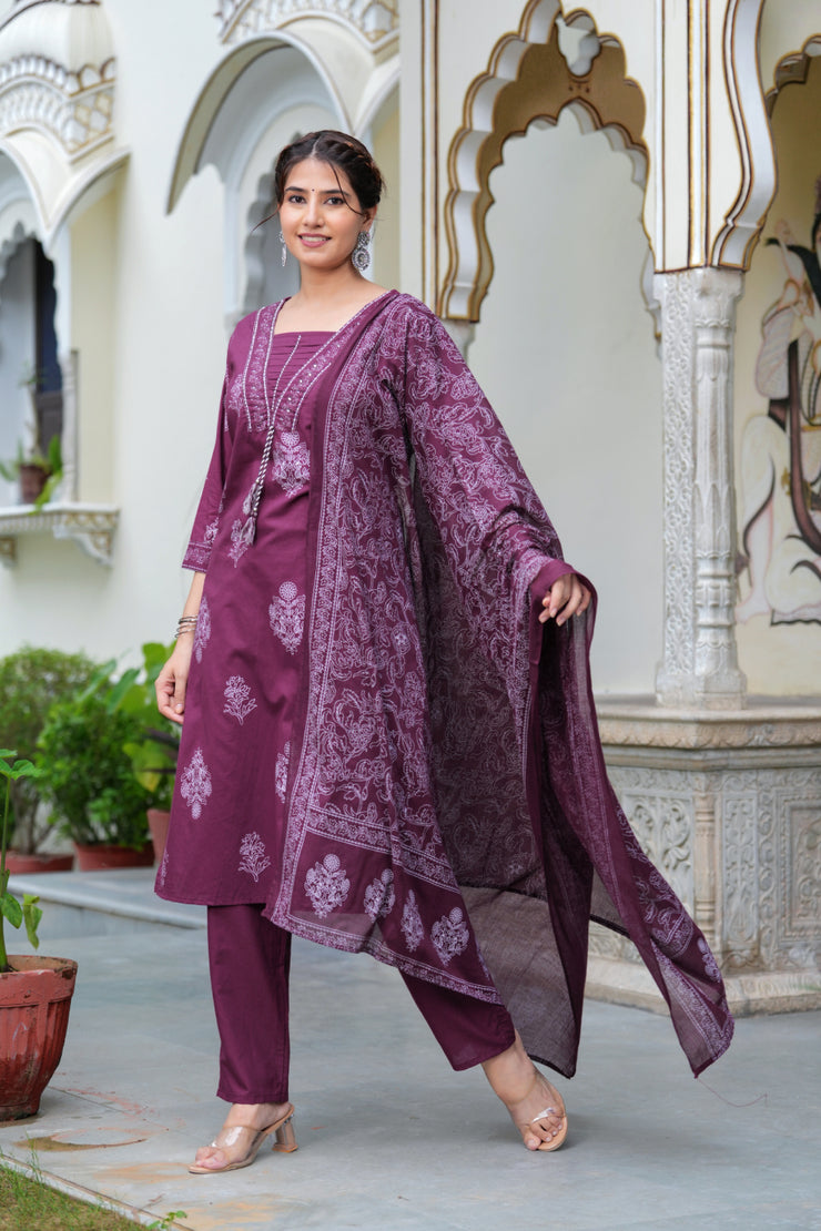 Maroon Cotton Straight Kurta Set with Designer Yoke and Adda Work