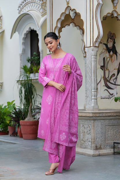 Pink Cotton Straight Kurta Set with Designer Yoke and Adda Work