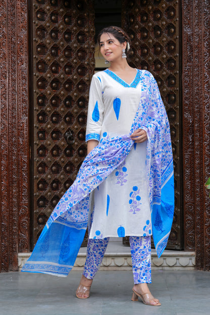 Blue Cotton Floral Boota Printed Kurta Set with Mulmul Dupatta