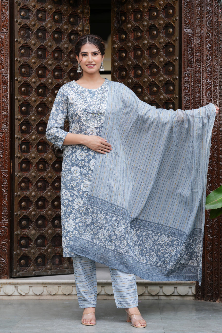 Grey Cotton Floral Print Kurti Pant Set with Embroidered Yoke