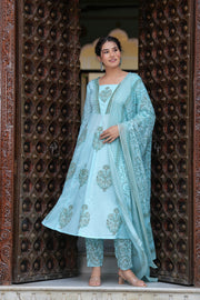 Block Printed Blue Cotton Straight Suit with Embroidered Neck Detailing