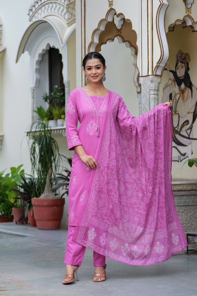 Pink Cotton Straight Kurta Set with Designer Yoke and Adda Work