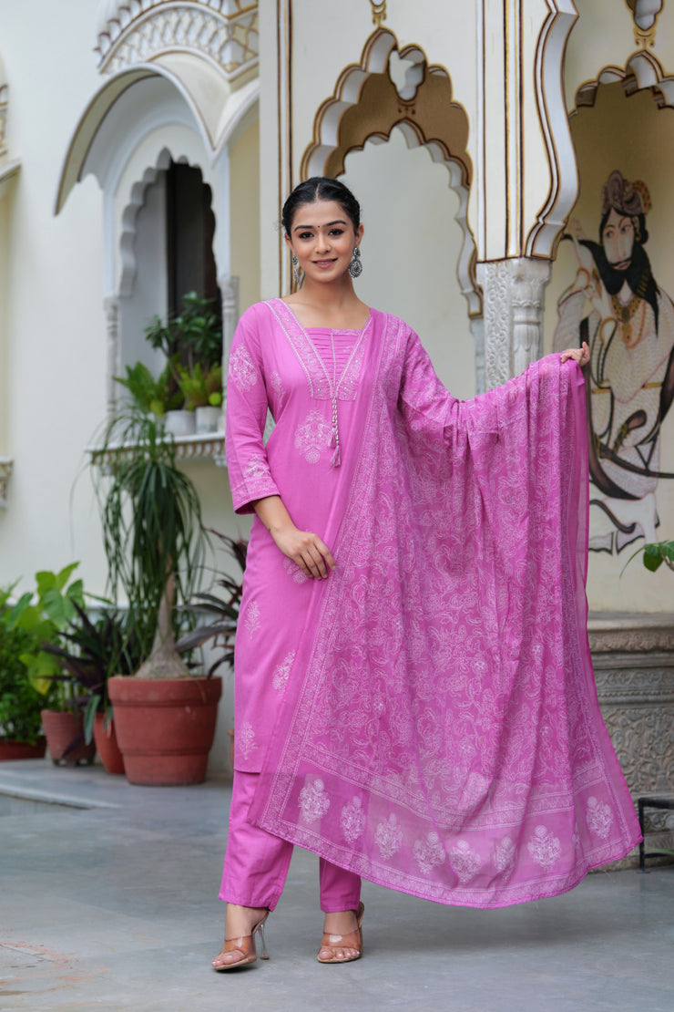 Pink Cotton Straight Kurta Set with Designer Yoke and Adda Work