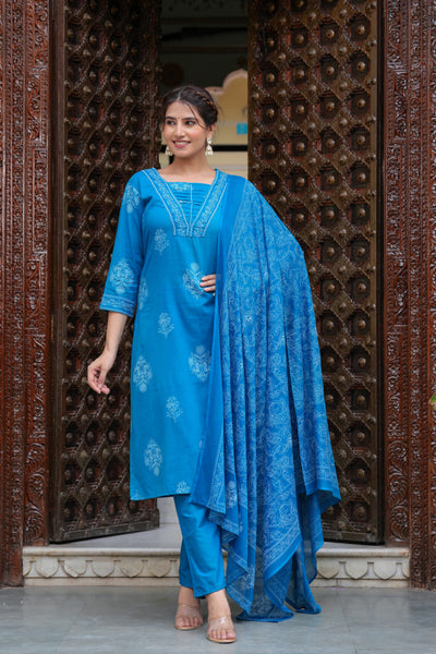 Blue Cotton Straight Kurta Set with Designer Yoke and Adda Work