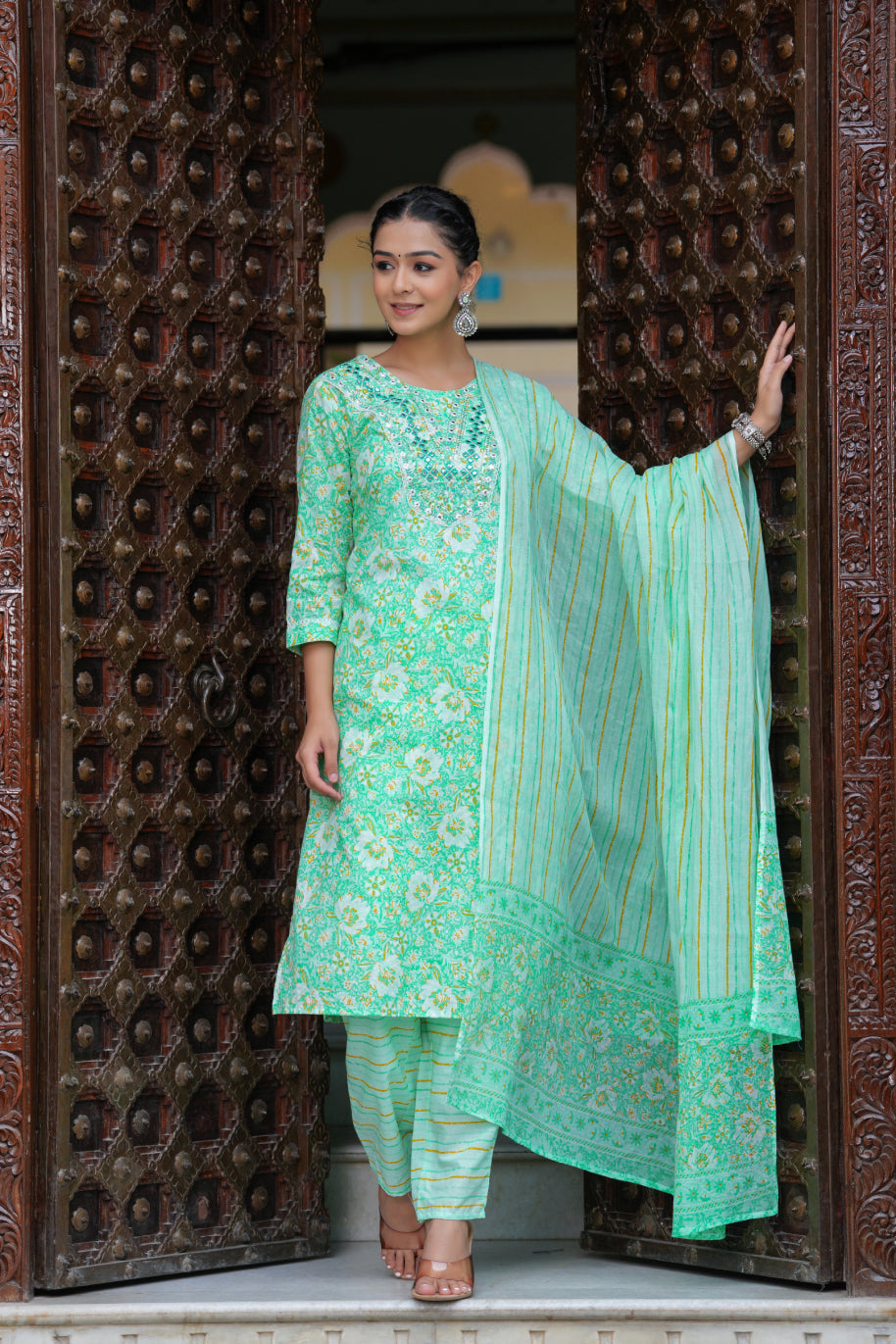 Green Cotton Floral Print Kurti Pant Set with Embroidered Yoke