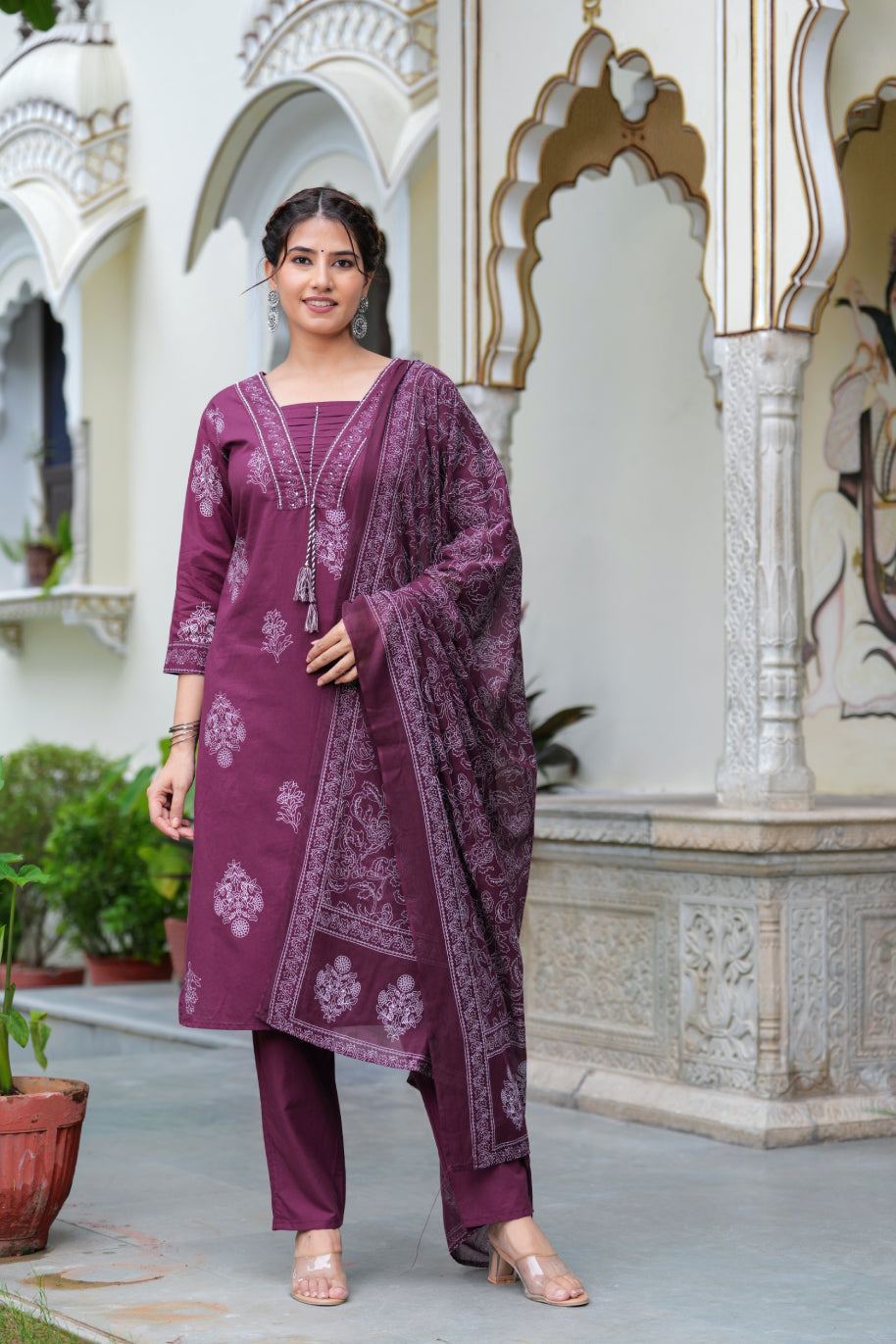 Maroon Cotton Straight Kurta Set with Designer Yoke and Adda Work