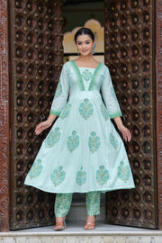 Block Printed Green Cotton Straight Suit with Embroidered Neck Detailing